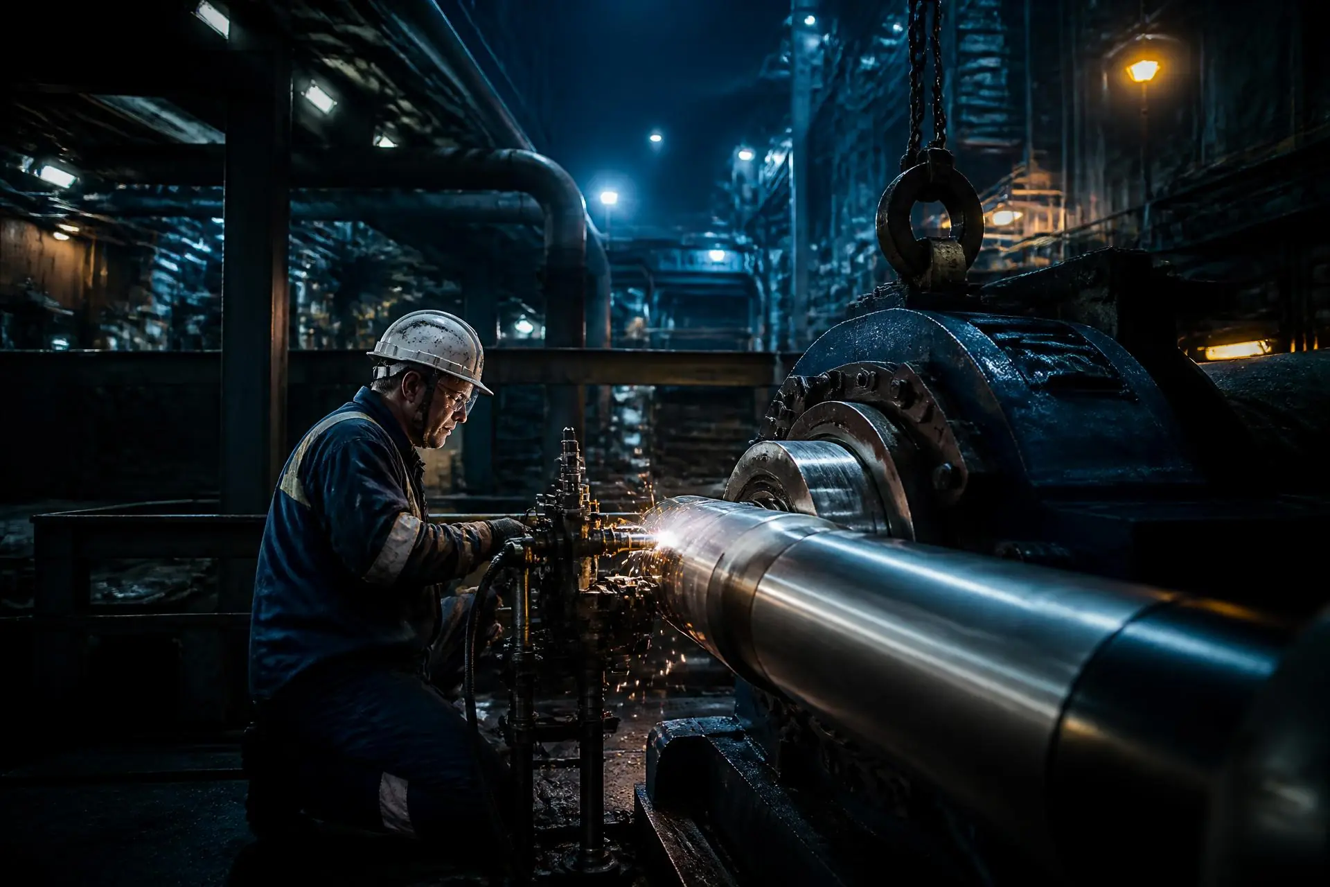 Técnico executando reparo de precisão em eixo industrial dentro da planta fabril